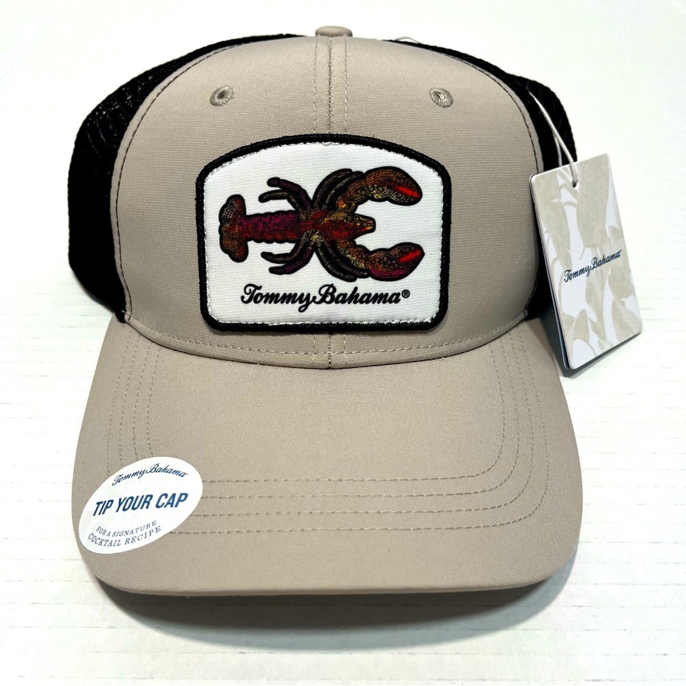 Tommy Bahama “Tip Your Cap” Lobster‎ Patch Men’s Trucker Hat Khaki Black NWT